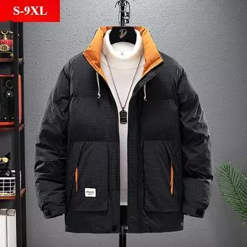 S-9XL Большие размеры Зимняя мужская одежда Модное, универсальное хлопковое пальто с воротником-стойкой, Большие размеры Большие размеры Свободное, устойчивое к холоду, теплое хлопковое пальто 9XL чёрный