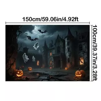 С элементами тыквы, замка, летучей мыши, призрака - Хэллоуинский фон для фотобудки, вечеринки, праздничного торжества, украшение стены 150*100cm/59*39in/5*3ft