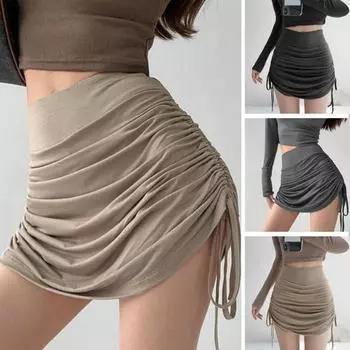 С боковой завязкой на шнурке, однотонная плиссированная юбка с высокой талией, летняя тонкая юбка-футляр, женская модная одежда L чёрный