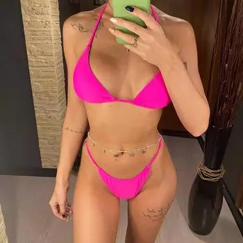 С цепочкой-халтер бикини женский купальник женский купальник из двух частей комплект бикини с высоким вырезом купальный костюм женский купальник S розовый