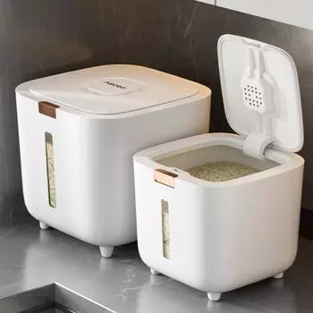 с чашкой для риса, ящиком для риса, кубическим ведром для хранения, кухонным контейнером, герметичной банкой для зерна, хлопьями S