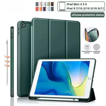 С чехлом-держателем для карандаша для iPad Pro 13 2024 12.9 2021 10.2 7/8/9/10th Чехол для iPad Air 11 2 4 5 Mini 5 6 Портативный чехол для iPad Pro 11 поколения iPad 10th Gen 2022 темно-зеленого