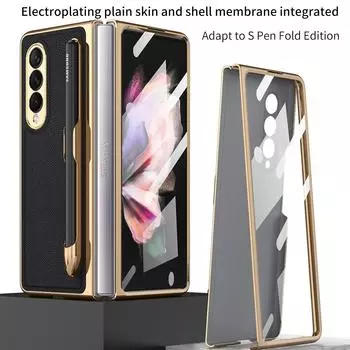 С чехлом-держателем S Pen для Samsung Galaxy Z Fold 3 5g, чехол, пленка, интегрированная гальваника, обычная кожа, слот для ручки Z Fold3 Galaxy Z Fold 3