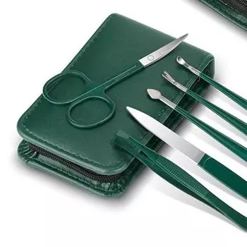 с чехлом из искусственной кожи, плоские косые кусачки для ногтей, ножницы для бровей, пилочка для чистки ушей темно-зеленого