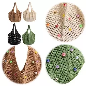 с цветными бусинами женская вязаная сумка через плечо ажурная бохо вязаная сумка пляжная сумка женская хаки