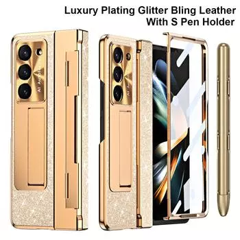 С держателем S Pen для Samsung Galaxy Z Fold 5 4 3 Чехол-шарнир с блестящим покрытием из кожи, роскошная клавиатура, полная защита For Galaxy Z Fold 5&Case Only ( pen)