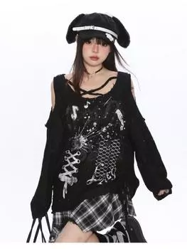 с длинным рукавом оверсайз y2k Повседневный свободный весенне-летний осенний топ-футболка Женская футболка M