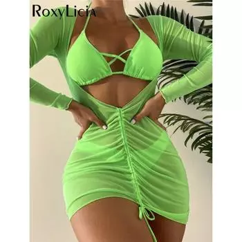 С длинным рукавом платье бикини женский купальник женский купальник из трех частей комплект бикини купальный костюм купальный костюм леди S коричневый