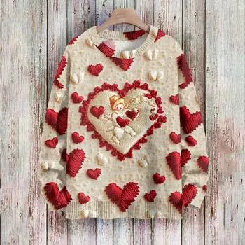 С Днем святого Валентина, толстовки для женщин, вязаный свитер, симпатичная рубашка, осенний свитер с круглым вырезом, топы L бежевый
