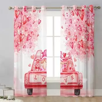 С Днем святого Валентина, вуаль с сердечками и надписью «Любовь», шторы для спальни, тюль, занавески для гостиной, прозрачные шторы, жалюзи, драпировки 2 шт. W65X60H(cm)X2Pcs&Hook