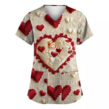 С Днем святого Валентина, женская мода, V-образный вырез, короткий рукав, рабочая одежда с карманами L бежевый