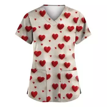 С Днем святого Валентина, женская мода, V-образный вырез, короткий рукав, рабочая одежда с карманами L бежевый