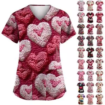С Днем святого Валентина, женская мода, V-образный вырез, короткий рукав, рабочая одежда с карманами L