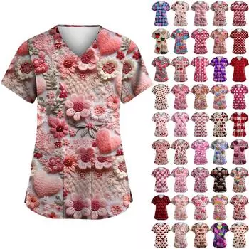 С Днем святого Валентина, женская мода, V-образный вырез, короткий рукав, рабочая одежда с карманами XXXXXL чёрный