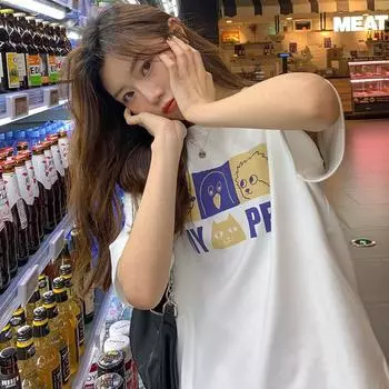 С добавлением хлопка, летняя, новая, свободная, утягивающая, креативная и интересная, анимированная футболка с короткими рукавами, топ с круглым вырезом для студенток S белый