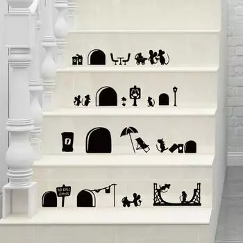 Съемная черная пицца-мышь, симпатичные настенные наклейки, декоративные наклейки на панель переключателя, лестницы, мультяшные забавные настенные рисунки для детской комнаты