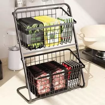 Съемная двухслойная кухонная полка-органайзер для хранения фруктов и овощей, приправ, железная корзина, стойка для хранения косметики в ванной чёрный