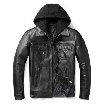 Съемная кожаная куртка с капюшоном, мужская куртка из натуральной воловьей кожи, тонкая байкерская одежда, мужское пальто, зимнее пальто, Veste Cuire Homme XXXXXL