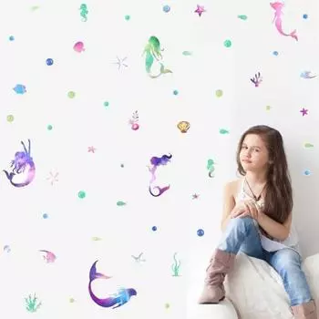 Съемная наклейка на стену с русалкой, персонализированная детская спальня, креативные наклейки с рисунками из мультфильмов «Морская жизнь»