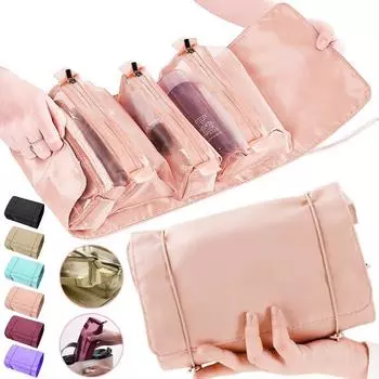 Съемная нейлоновая косметичка Большой емкости «четыре в одном» Портативная складная дорожная косметичка Кисти для макияжа Органайзер для хранения губной помады Косметичка вино красного