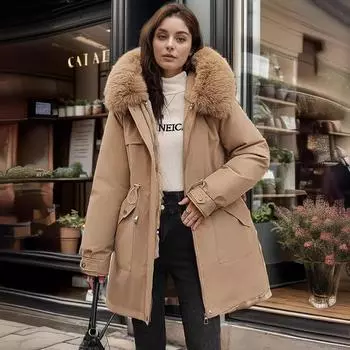 Съемная одежда женская зимняя новая средняя и длинная хлопчатобумажная одежда утолщенные женские пальто бархатная хлопковая одежда больших размеров M темно-коричневого