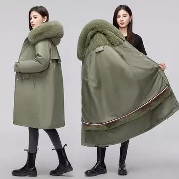 Съемная подкладка выше колена средней и длинной длины, покрывает хлопчатобумажную одежду, женская новая зимняя большая меховая шапка с воротником, стеганая куртка M чёрный