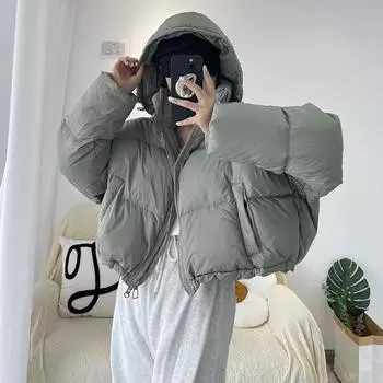 Съемная шапка, белый утиный пух, короткая женская куртка-пуховик 2024 года, зимняя мода, свободная куртка с капюшоном и мясом S армия зеленый