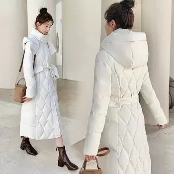 Съемная шапка, длинный пуховик длиной до колена, зимняя утолщенная и утягивающая куртка в клетку с бриллиантами, женская длинная куртка S чёрный