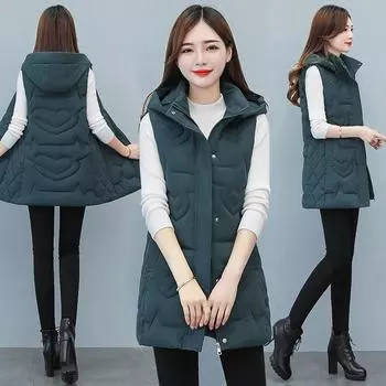 Съемная шапка новый средний и длинный пуховый хлопковый жилет женский осенне-зимний хлопковый жилет терможилет жилет L белый