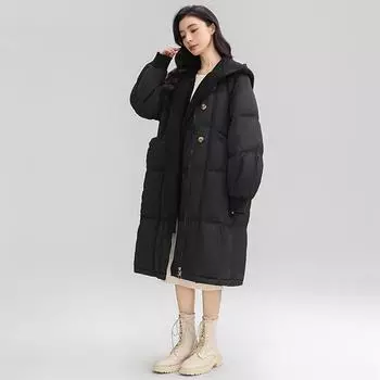 Съемная вязаная шапка длинный пуховик женский 2024 зима новый двубортный утепленный до колена куртка большой размер взрыв S бежевый