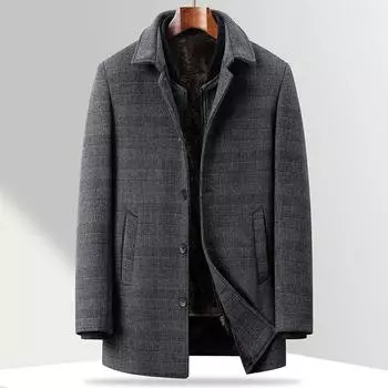 Съемное шерстяное пальто в клетку с бархатом и утолщенной подкладкой, зимнее пальто для пап среднего и пожилого возраста, шерстяное пальто M