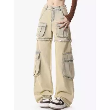 Съемные джинсы Techwear, джинсовые брюки с карманами и клапанами, женские свободные прямые мешковатые джинсовые брюки Y2k S