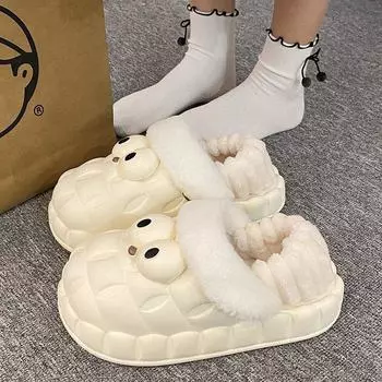 Съемные хлопковые тапочки для женщин, зимние домашние тапочки на толстой подошве, для студенческого общежития, симпатичные большие глаза, теплая меховая сумка с хлопковой обувью для женщин 36 бежевый