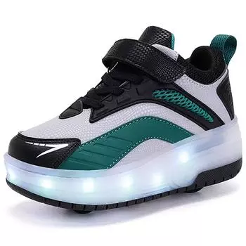 Съемные колеса для мальчиков/девочек, двойные колеса, светящиеся кроссовки, можно заряжать, кроссовки для катания на роликах, детские ботинки для катания на роликах 30 чёрный/зелёный