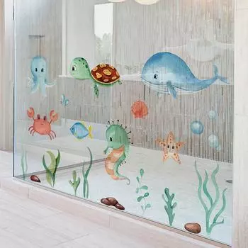 Съемные настенные наклейки с изображением океанских животных для детской комнаты, Кит, рыба, домашний декор, виниловые детские украшения из ПВХ
