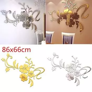 Съемный 3D зеркало цветок искусство стикер стены акриловая роспись наклейка домашний декор комнаты золотой