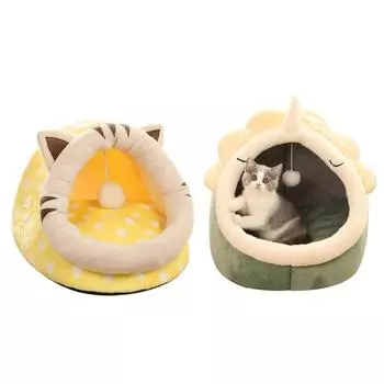 Съемный и моющийся полузакрытый коврик для кошачьего гнезда, корзина для кошек и собак, палатка для кошачьего домика, пещерная кровать для кошек S жёлтый