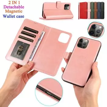 Съемный кожаный чехол-бумажник 2 в 1 с магнитной застежкой для iPhone 15 14 13 12 11 Pro Max для Samsung S23 S22 S21 S20 Ultra Plus A14 A13 A52 A53 A54 Redmi iPhone 6/6S чёрный