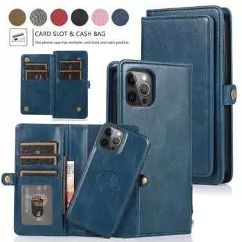 Съемный кожаный чехол-книжка с магнитной застежкой на несколько карт для iPhone 15 14 13 12 Pro Max Xs Max XR 8 7Plu Samsung S23 S22 S21 Ultra Plus A14 A13 A52 A53 iPhone 6/6s чёрный