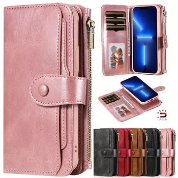 Съемный кожаный чехол на магнитной молнии с отделением для карт в стиле ретро для iPhone 15 14Plus 13 12 11 Pro Max XSMAX Samsung S22 S21 S20Ultra Plus Note20Ultra iPhone 6/6S чёрный