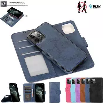 Съемный кожаный флип-кошелек в стиле ретро 2-в-1 с держателем для карточек для iPhone 15 14 Plus 13 12 11 Pro Max XS MAX Samsung S23 S22 S21 Ultra Plus A13 A14 iPhone 6 коричневый