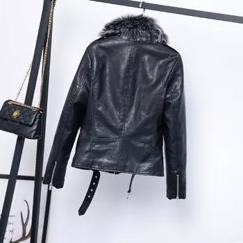 Съемный меховой воротник, терможенская кожаная куртка 2024, зимняя куртка из искусственного меха ягненка, пояс, куртка-локомотив S чёрный