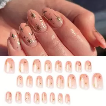 Съемный пресс на ногтях, Золотая Звезда, Луна, полное покрытие, наращивание ногтей своими руками розовый