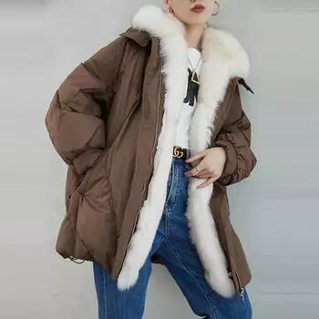 Съемный воротник из лисьего меха, меховая куртка на гусином пуху средней и длинной длины, женская свободная зимняя одежда 2024 года, теплая S хаки