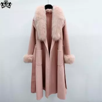 Съемный воротник с манжетами из лисьего меха зеленого фруктового цвета, двухсторонний кашемировый тренчкот, осенне-зимнее однотонное омолаживающее двухстороннее женское пальто S