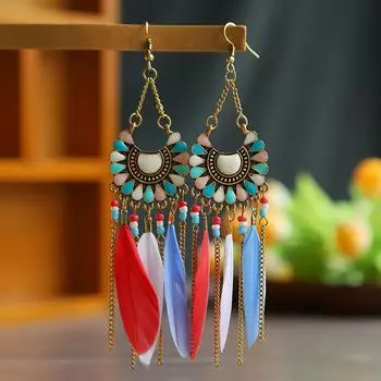s Fashion Women s Earrings Bohemian Ethnic Style Leaf Earrings Jewelry Retro Long Tassel Colorful Feather Earrings