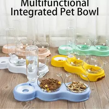 С фонтаном для воды, двойная чаша, подставка для питья, миска для корма для домашних животных, автоматическая кормушка, миска для домашних животных, кошек, 3-в-1
