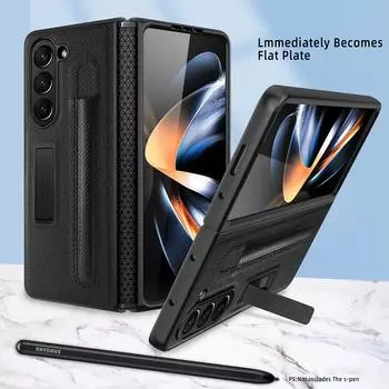 с гнездом для S Pen для Samsung Galaxy Z Fold 5 чехол шарнир кожаный 360 полный экран защитный чехол Fold 4 3 чехлы магнитная подставка For Galaxy Z Fold 5&Case Only ( pen) чёрный