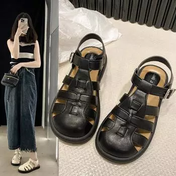 С каблуком снаружи сандалии 2024 летняя распродажа женской обуви костюм женский черный универсальный толстый гладиатор новый низкий черный модный 35 бежевый