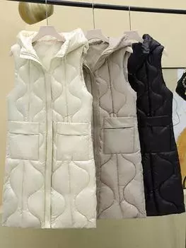 С капюшоном, гофрированный, большой карман, талия доходит до талии, хлопковый жилет, женская зимняя одежда, новый средний и длинный жилет, куртка, прилив M чёрный